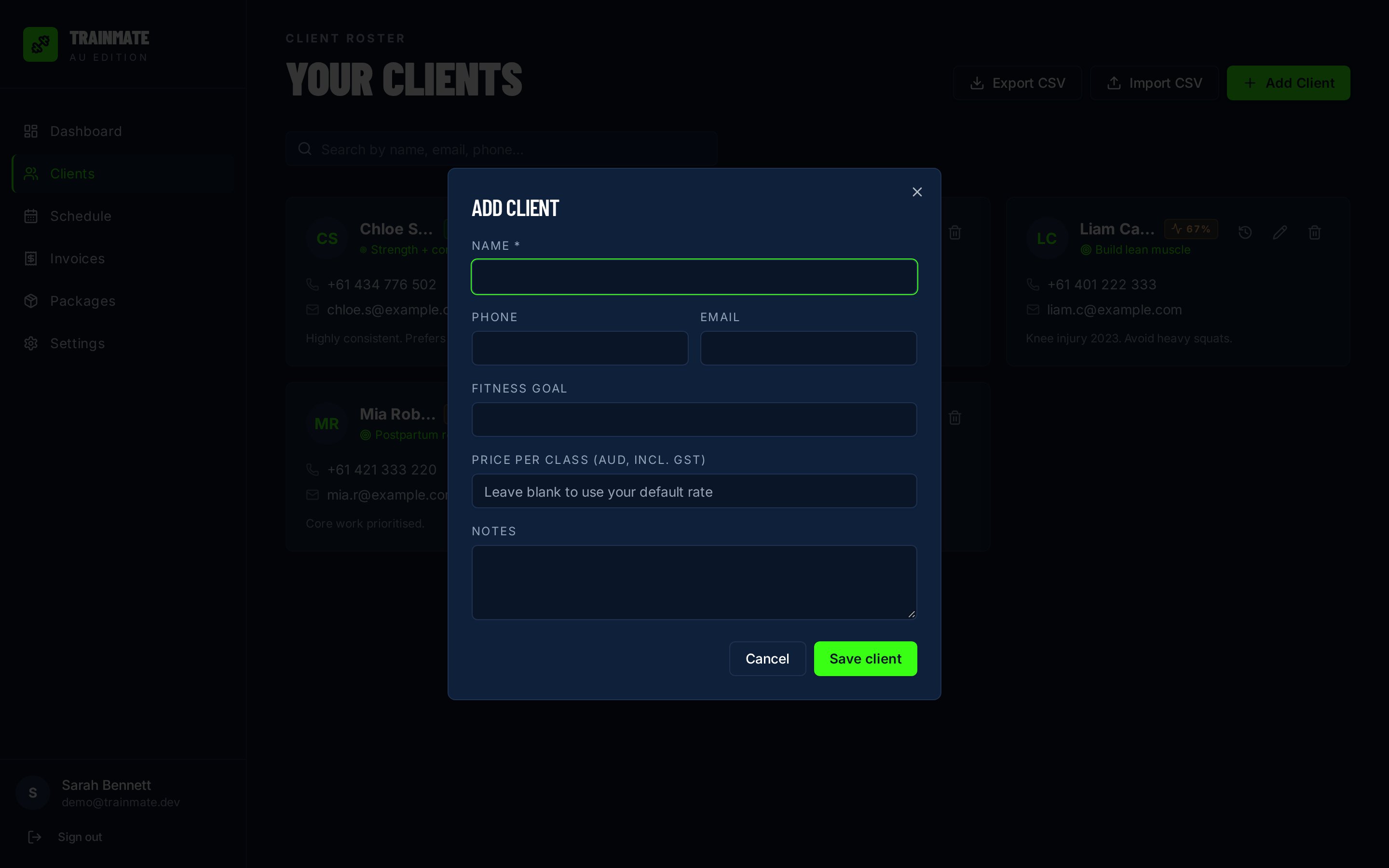 Add client dialog on the TrainMate Clients screen